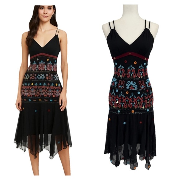 SUE WONG NOCTURNE Vintage Boho Southwest Beaded Silk Dress 6 Y2k Asymmetrical - Picture 1 of 13